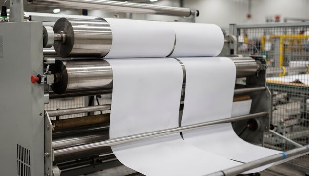 Medium shot of solventless adhesive lamination process bonding two paper webs smoothly under large industrial rollers in a clean manufacturing environment.