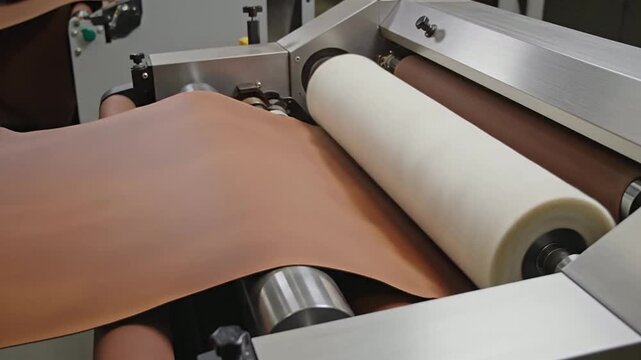 Close-Up View Of A Leather Production Machine Rolling Brown Leather In An Industrial Setting Highlighting Textile Manufacturing Process