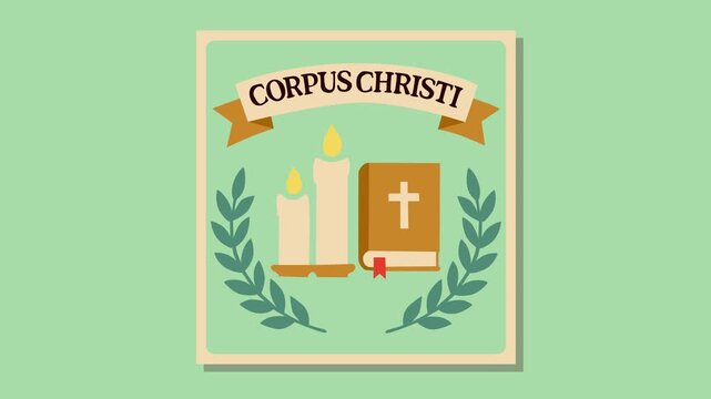 Elegant Corpus Christi themed footage with candles, holy bible, and leaf decorations on a soft pastel background. Ideal for church services, worship events, and spiritual celebration videos.