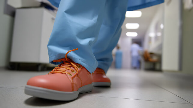 Medical professional in blue scrubs and comfortable peach-colored shoes walks down a hospital corridor, focused on patient care and health