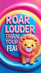 Fototapeta premium Roar Louder Than Your Fear inspirational art with a cute cartoon lion.