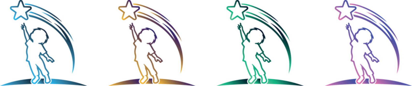 Child reaching for a shooting star logo icon vector set.
