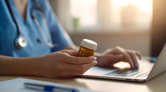Medical professional review prescriptions. Healthcare worker holds a pill bottle and use a laptop for patient information, treatment or digital record