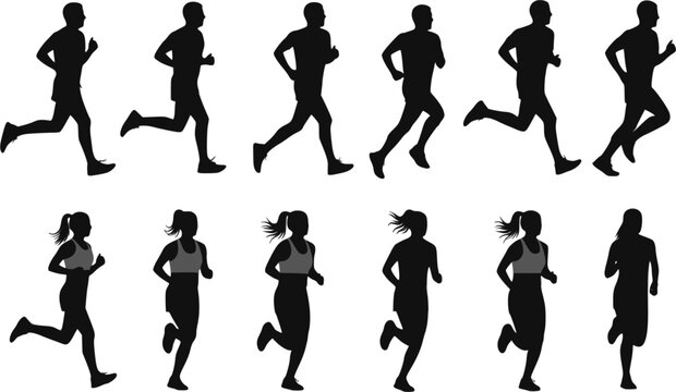 Running men and women, isolated vector silhouettes. Run, side view. Silhouettes of athletic looking male and female runners running. Monochrome vector illustration. Transparent EPS version.