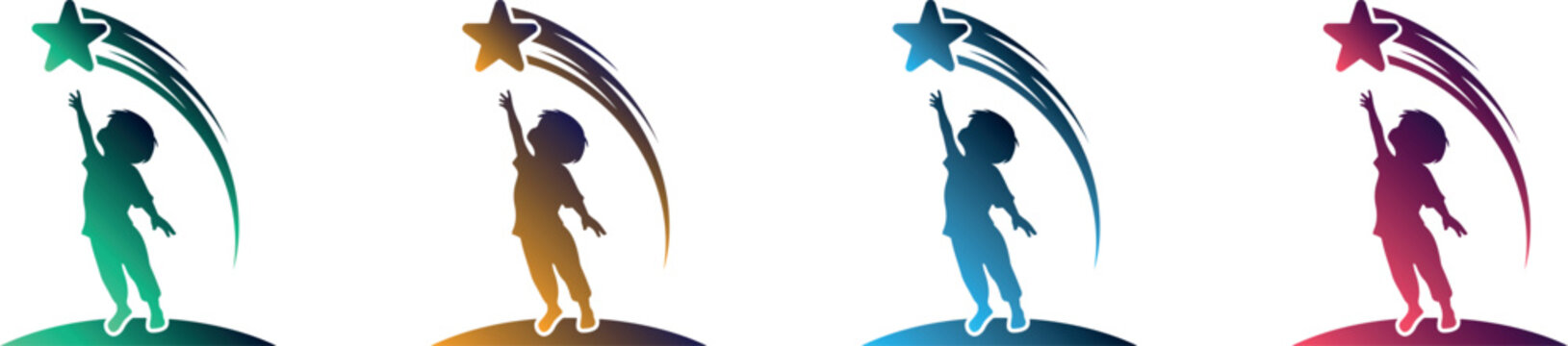 Child reaching for a shooting star silhouette logo design set, vector illustration.