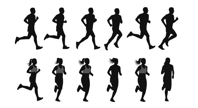 Running men and women, isolated vector silhouettes. Run, side view. Silhouettes of athletic looking male and female runners running. Monochrome vector illustration. JPEG version.