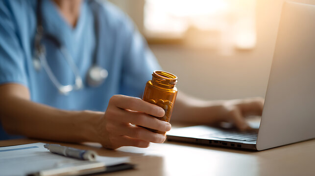 Medical professional review prescription medication bottle, use laptop, health care online, pharmacy order, telehealth, modern medicine, wellness advise