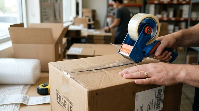 Hands Sealing Shipping Box With Tape.