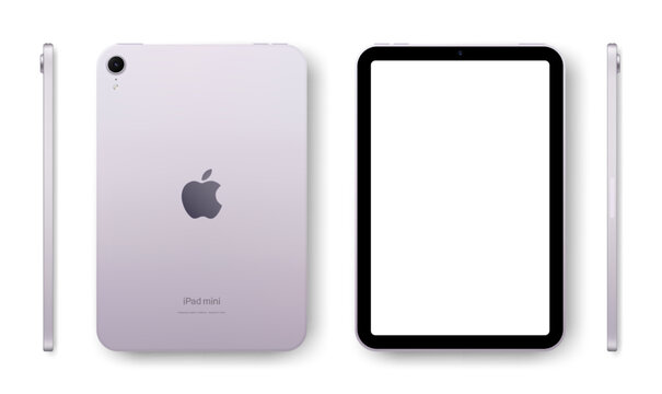 Photorealistic detailed Apple iPad Mini 7 A17Pro 8.3 inches 2024 Purple mockup. Real dimentions. Front, rear and side views isolated on white background with shadows. Vector editorial illustration