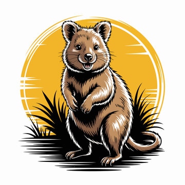 Brown quokka standing on hind legs.