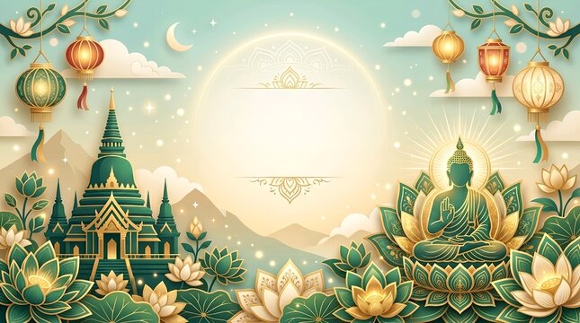 Paper cut style Vesak Day background with Buddha silhouette