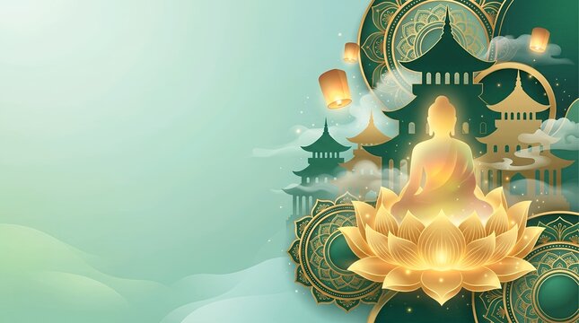 Golden lotus throne and Buddha silhouette Vesak Day background