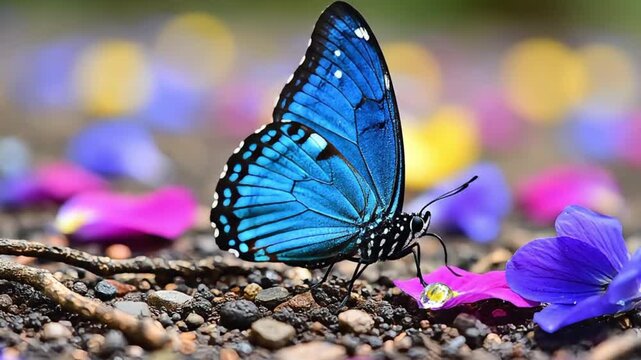 Close up of a vibrant blue butterfly resting on the ground surrounded by colorful petals.