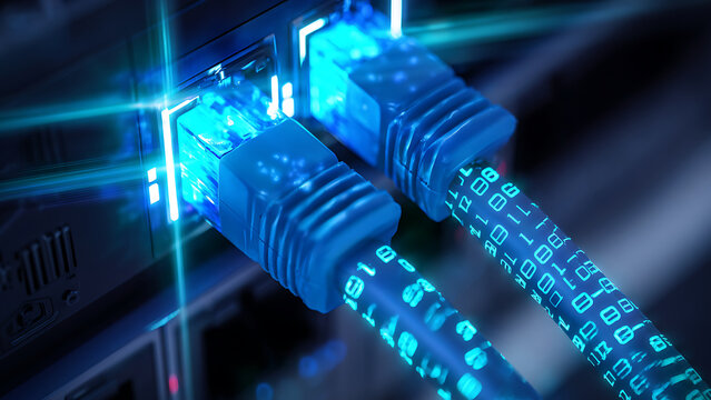 Close-up of two glowing blue Ethernet cables plugged into a network port with binary code overlay.