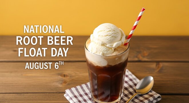 National root beer float day on august 6th with a glass of root beer float on a wooden table