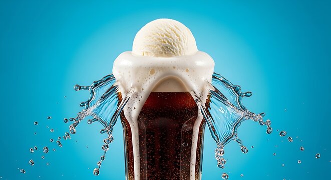 A refreshing root beer float with a scoop of vanilla ice cream overflowing with foam and liquid splashes