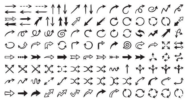 Set of Arrow Icons: A comprehensive collection of diverse arrow icons, featuring various styles, directions, and forms, suitable for graphic design and navigation elements.