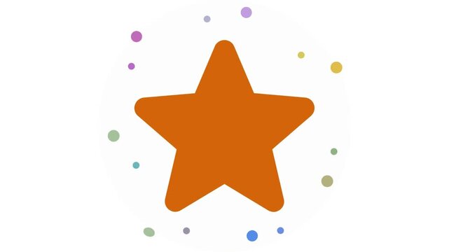 Bright orange star icon shining with colorful confetti-like dots, symbolizing achievement, quality, success, and positive recognition