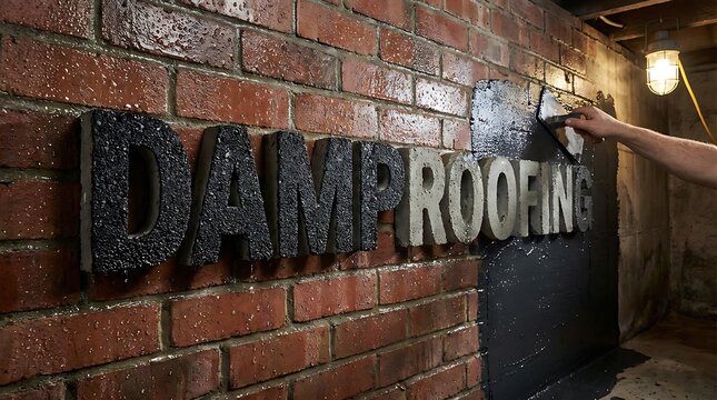 Worker applying waterproof damp proofing coating to basement brick wall.