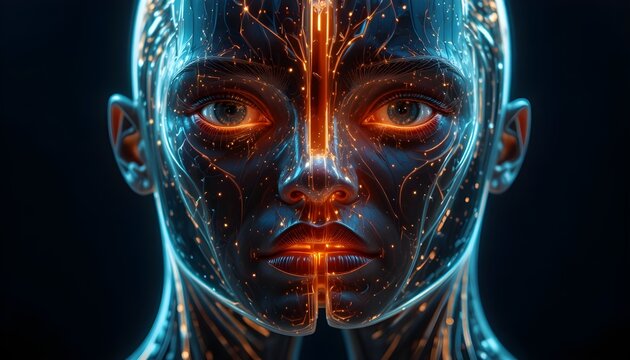 Cyborg face with neon orange circuitry and blue light trails on dark background futuristic human machine interface