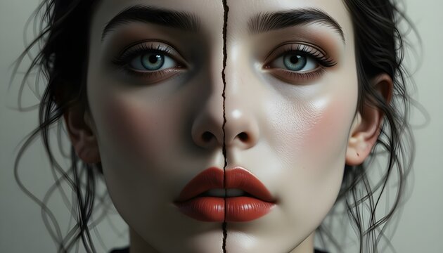 Split face of a young woman with contrasting makeup looks