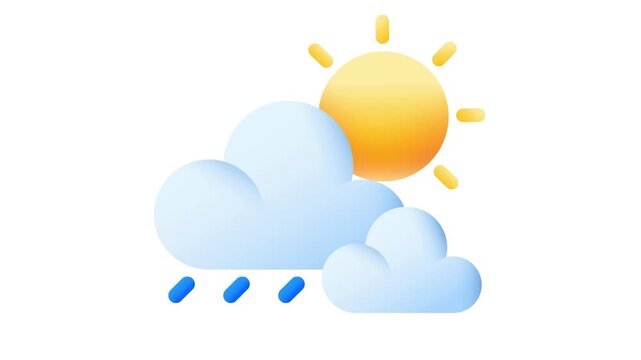 Vibrant 3D illustration depicting a dynamic weather forecast icon with a shining sun, fluffy clouds, and falling raindrops, symbolizing atmospheric conditions