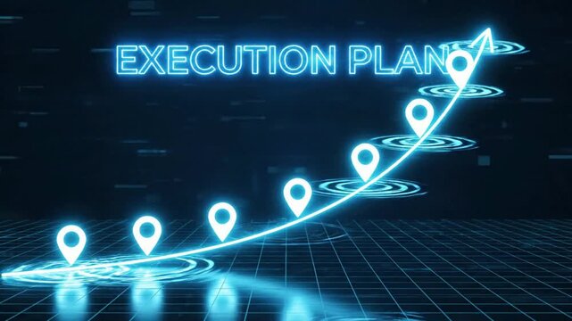 Futuristic execution plan animation with digital map markers and neon lights concept for business strategy and planning
