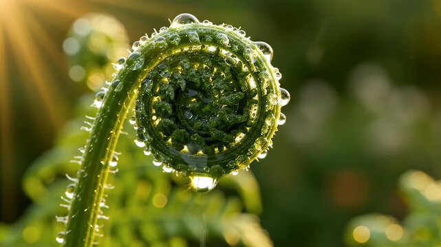 Close-up of a curling fern fiddlehead gleaming with morning dew in vibrant green