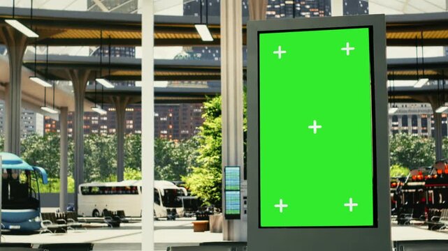 Green screen on TV board in empty bus stop terminal in the city, departure time screen, public transportation routes. Quiet station featuring platform access and travel information displays.