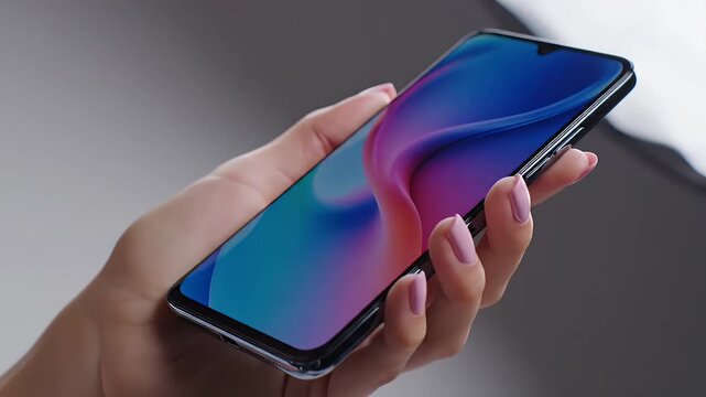 Close-up of a hand holding a modern smartphone with pink manicured nails and a softly blurred background