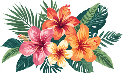 Vibrant vector illustration of colorful orange and red hibiscus flowers with tropical green leaves. © Yasmeen