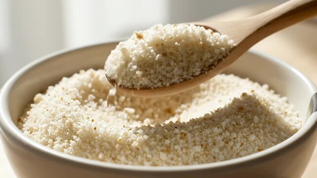Close-up of a heaping mound of granulated white sugar in a ceramic bowl