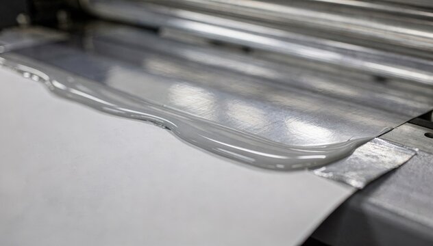 Closeup medium shot of hightack waterbased adhesive lamination being spread evenly ensuring strong solventfree bonding between foil and paper surfaces.