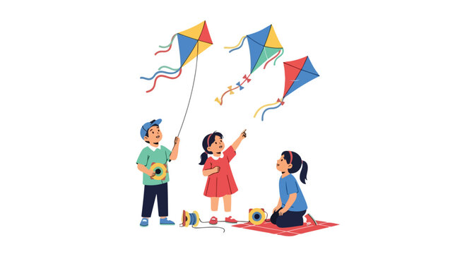 Three children are enjoying a sunny day outdoors, flying colorful kites and laughing together in a playful, vector-style illustration.