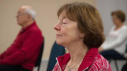 Serene aged woman with closed eyes in a meditative state, find inner peace and relaxation during a calm group session in a bright room