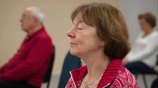 Serene aged woman with closed eyes in a meditative state, find inner peace and relaxation during a calm group session in a bright room