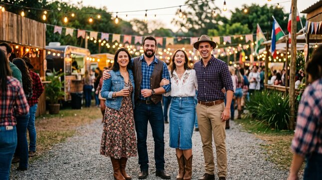 Colegas posando para foto em festa junina corporativa com roupas caipiras estilosas