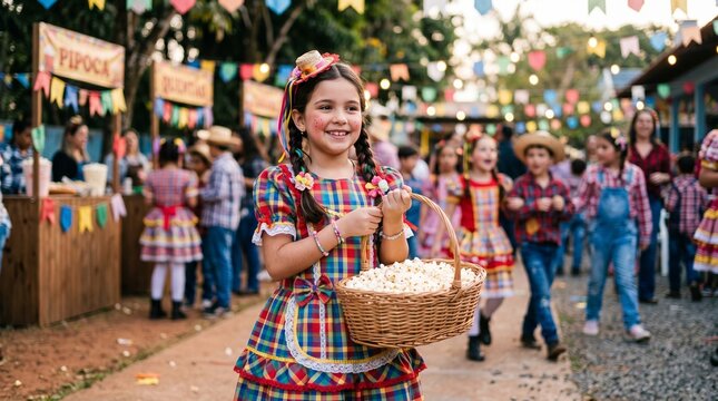 Menina caipira segurando cesta de pipoca em festa junina escolar