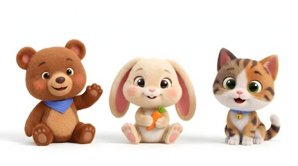 Fototapeta premium A collection of cute 3D cartoon animal characters featuring a brown bear, rabbit and calico cat