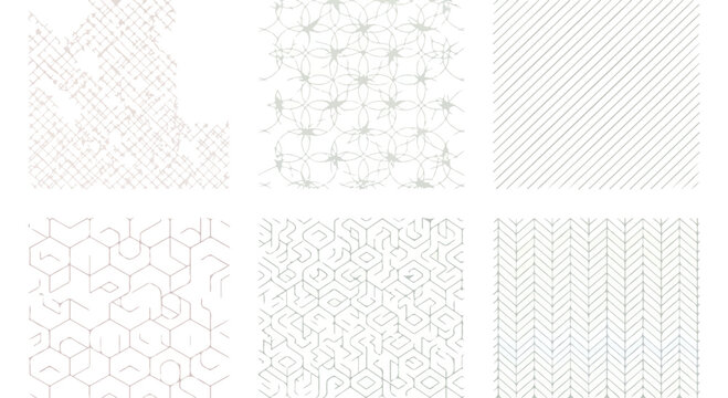 Collection of colorful geometric quilt patterns on white background, patchwork designs, pastel hues