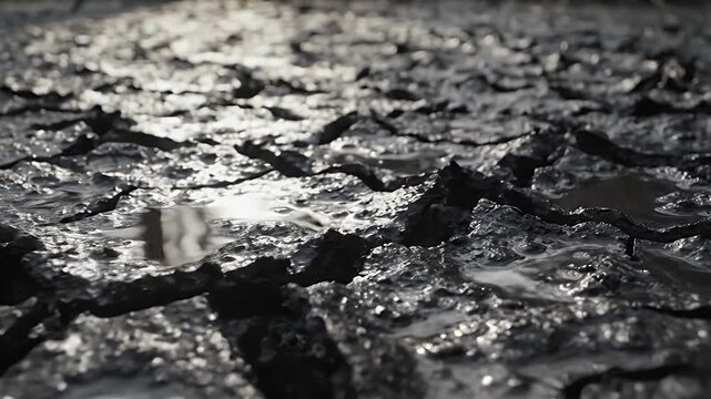 Close-up of cracked, rain-wetted ground with glistening, irregular fissures across surface