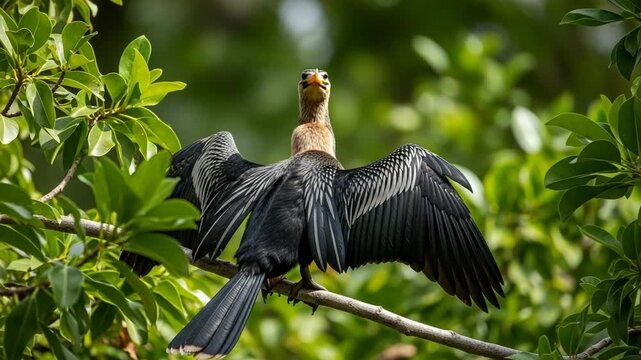 Anhinga bird perched on a branch with wings spread