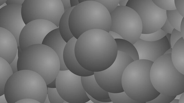 Abstract animation of dense gray monochromatic spheres cluster