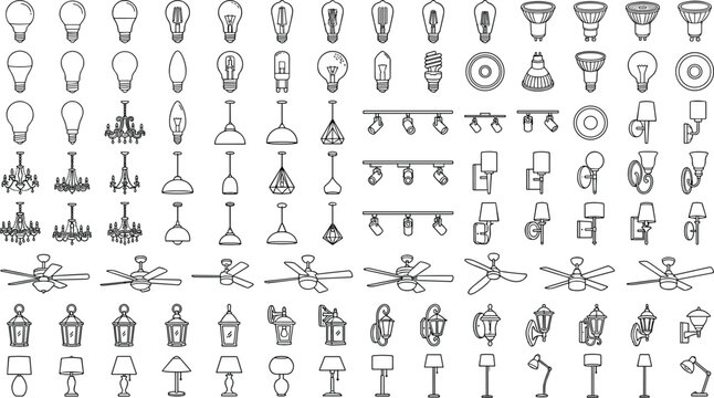 Lighting Fixture Line Icon Set with Electric Bulbs, Hanging Chandeliers, Track Lights, Ceiling Fans, and Desk Lamps for Interior Home Decor Architect Blueprints