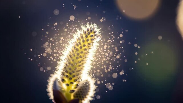 Captivating macro view of budding pussy willow showcasing pollen dispersal and spring atmosphere,
