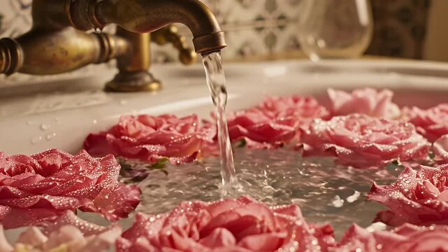 Close-up of flowing water over a bed of pink rose petals in a vintage bathroom sink