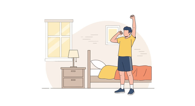 Man stretching and waking up in a bedroom, morning routine, healthy lifestyle