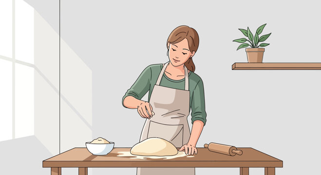 Woman baking, kneading dough on a wooden table with flour and rolling pin