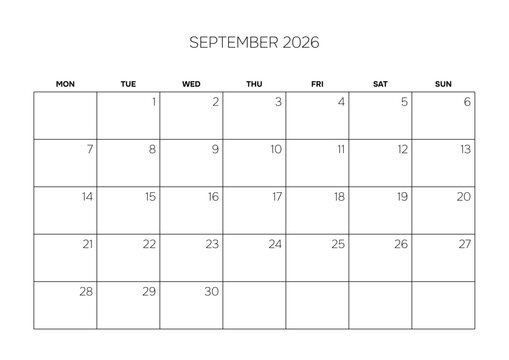 September 2026 Minimalist Monthly Calendar Template Corporate Schedule Grid Layout