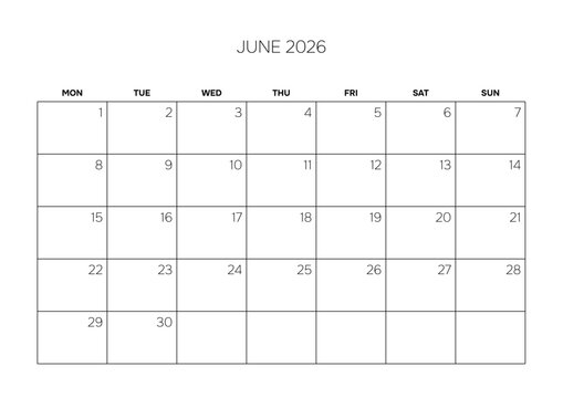 June 2026 Blank Monthly Planner Grid Clean Business Calendar Template